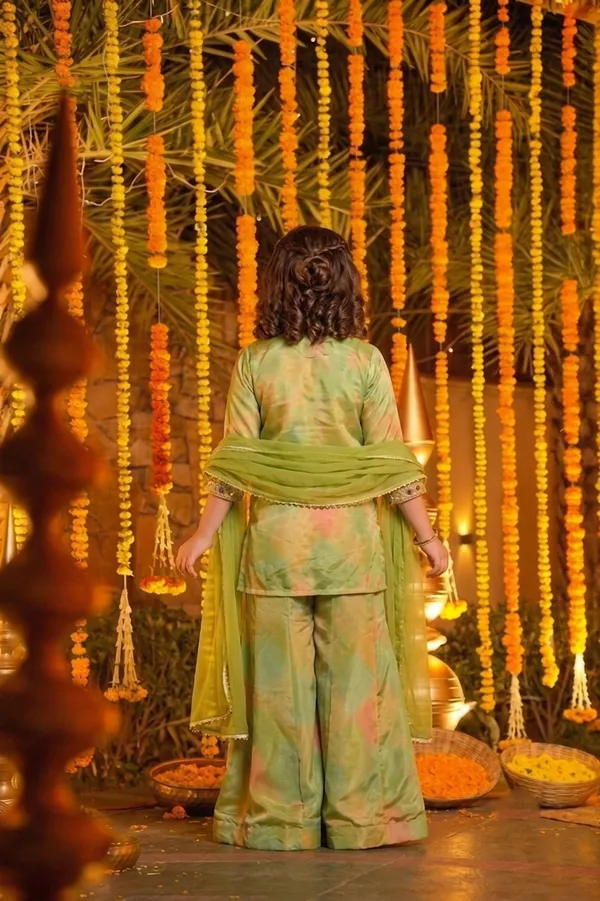 Girl's_ORANGE_AND_green__Silk_printed_REAL_Mirror_Embroidered_3_piss___Kurta_and_Palazzo_With_Dupatta_Set