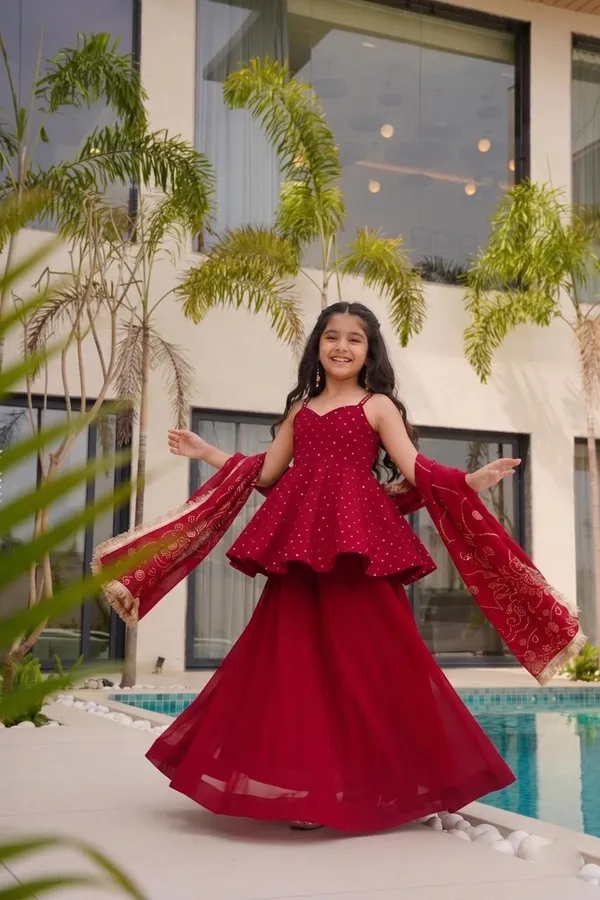 kids_girl__red_silk_foil_print__Top__and_dupatta_with_plazo__Set|Ethnic_Wear