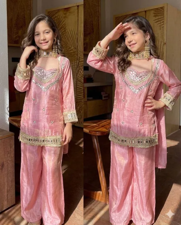 Girl's_ORANGE_AND_PINK_Silk_REAL_Mirror_Embroidered_4_piss_CHOLI_AND__Kurta_Palazzo_With_Dupatta_Set