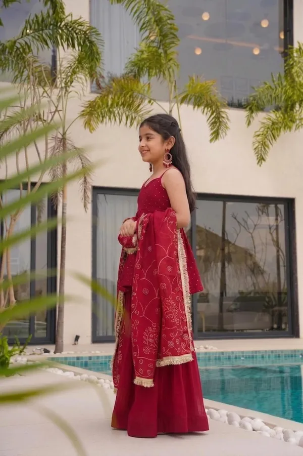 kids_girl__red_silk_foil_print__Top__and_dupatta_with_plazo__Set|Ethnic_Wear