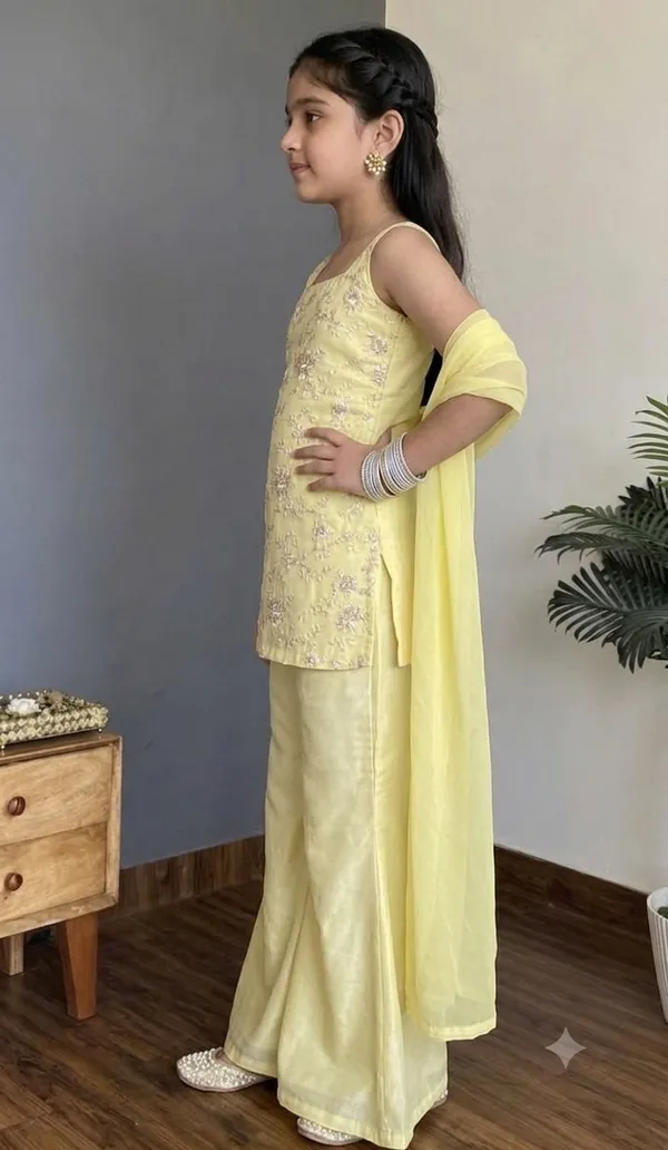 kids_girl_yellow_Georgette_Thread_Zari_Sequence_Cording_Embroidered_Top_With_Palazzo_and_dupatta_Fusion_Set|Ethnic_Wear