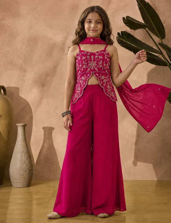kids_girl__Georgette_Thread_Zari_Sequence_Cording_Embroidered_Top_With_Palazzo_and_Supatta_Fusion_Set|Ethnic_Wear