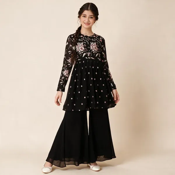 Black_Floral_Print_Anarkali_Set_For_Girls_Pack_Of_2