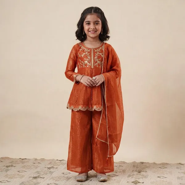 Kids_Girl_Pure_Silk_Kurti_Palazzo_Dupatta_Set
