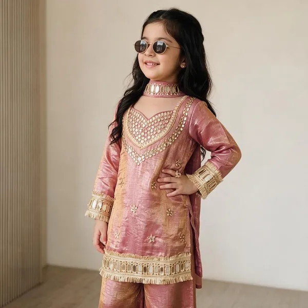 Girl'S_Orange_And_Pink_Silk_Real_Mirror_Embroidered_4_Piss_Choli_And__Kurta_Palazzo_With_Dupatta_Set_Pack_Of_4