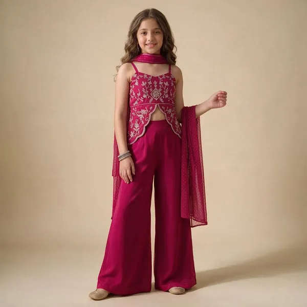Kids_Girl__Georgette_Thread_Zari_Sequence_Cording_Embroidered_Top_With_Palazzo_And_Supatta_Fusion_Set|Ethnic_Wear_Pack_Of_3
