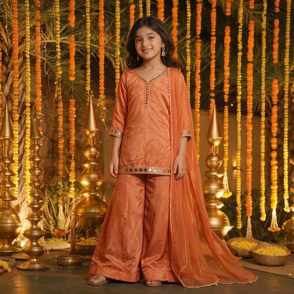 Girl'S_Orange_And_Green__Silk_Printed_Real_Mirror_Embroidered_3_Piss___Kurta_And_Palazzo_With_Dupatta_Set
_Pack_Of_3