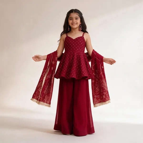 Kids_Girl__Red_Silk_Foil_Print__Top__And_Dupatta_With_Plazo__Set|Ethnic_Wear