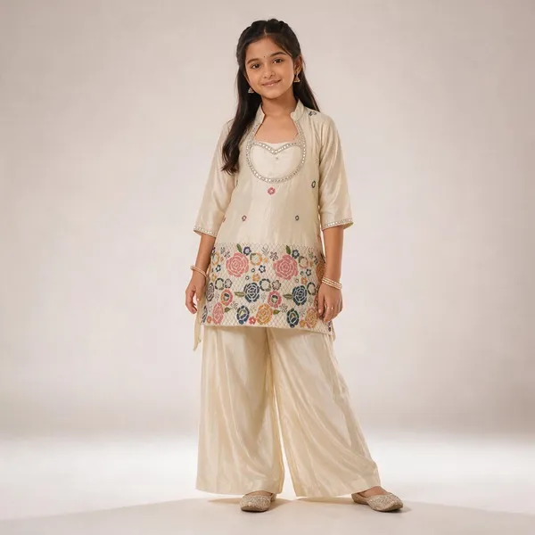 Girl'S_Cream_Silk_Multti_Color_Embroidered_Bids_Work_2_Piss___Kurta_And_Palazzo__Set
_Pack_Of_2