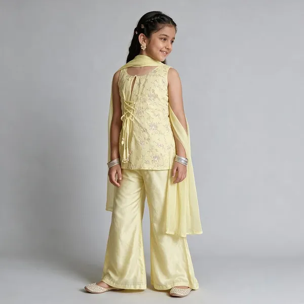 Kids_Girl_Yellow_Georgette_Thread_Zari_Sequence_Cording_Embroidered_Top_With_Palazzo_And_Dupatta_Fusion_Set|Ethnic_Wear
