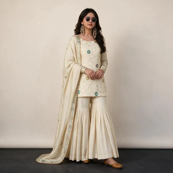Girl'S_Cream_Silk_Rhred_Siqwens__Bids__Embroidered_3_Piss___Kurta_And_Sarara__With_Dupatta_Set
_Pack_Of_3
