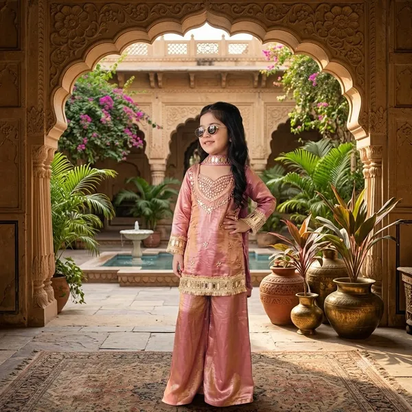 Girl'S_Orange_And_Pink_Silk_Real_Mirror_Embroidered_4_Piss_Choli_And__Kurta_Palazzo_With_Dupatta_Set_Pack_Of_4