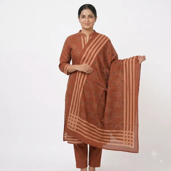 Casual_Suit_3_Piece_Muslin_Silk_With_Kalamkari_Print