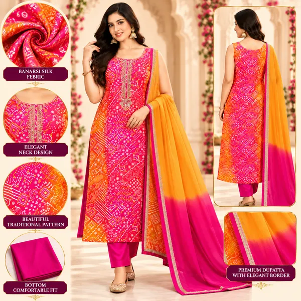 Traditional_Long_Suit_3_Piece_Banarsi_Silk_With_Bandhani_Print