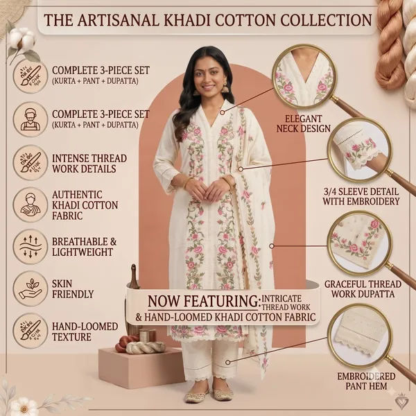 Casual_Suit_3_Piece_Khadi_Cotton_With_Thread_Work