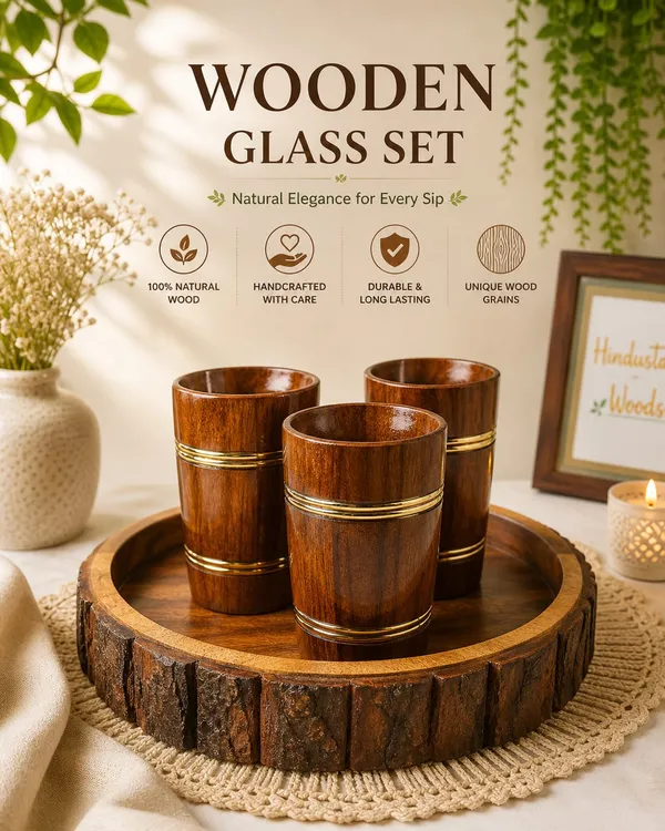 Brown_Sheesham_Wood_Handcrafted_Round_Bakkal_Serving_Tray_With_Glass_Set_Of_3