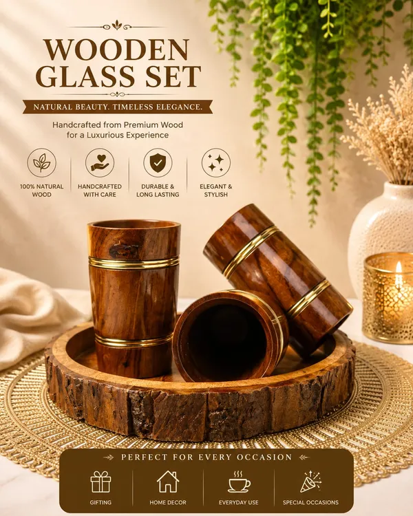 Brown_Sheesham_Wood_Handcrafted_Round_Bakkal_Serving_Tray_With_Glass_Set_Of_3