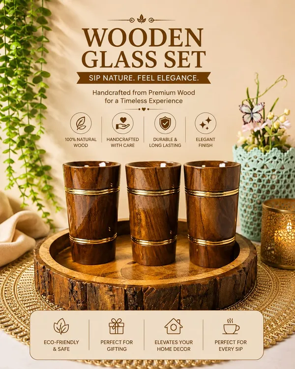 Brown_Sheesham_Wood_Handcrafted_Round_Bakkal_Serving_Tray_With_Glass_Set_Of_3
