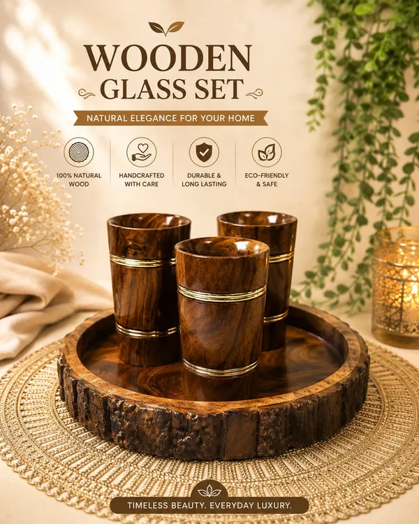 Brown_Sheesham_Wood_Handcrafted_Round_Bakkal_Serving_Tray_With_Glass_Set_Of_3