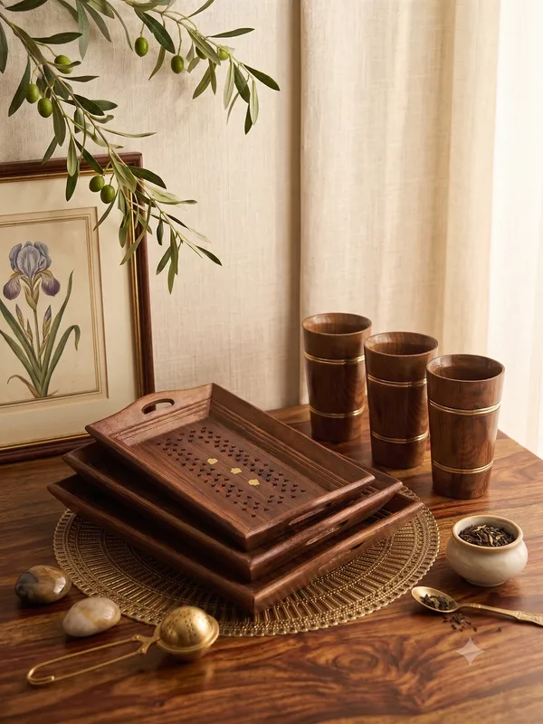 Brown_Sheesham_Wood_Handcrafted_3_Serving_Tray_With_3_Glass_Set