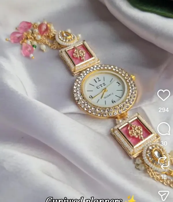 Gold_Tone_Pink_Embellished_Bracelet_Watch_for_Women