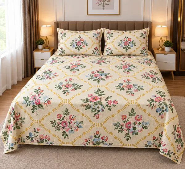 Multicolour_Cotton_Floral_Print_Double_Size_Bedsheet_With_Pillow_Covers