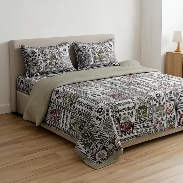 Multicolour_Cotton_Floral_And_Ornamental_Block_Print_Double_Size_Bedsheet_With_Pillow_Covers