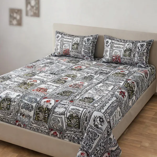 Multicolour_Cotton_Floral_And_Ornamental_Block_Print_Double_Size_Bedsheet_With_Pillow_Covers