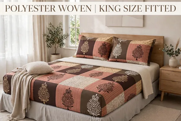 Bedsheet_Brown,_Peach_&_Beige_Floral/Traditional_Design-Fitted