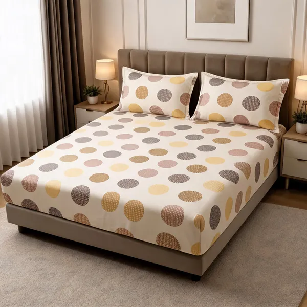 Beige_Cotton_Polka_Dot_Double_Size_Bedsheet_With_Pillow_Covers