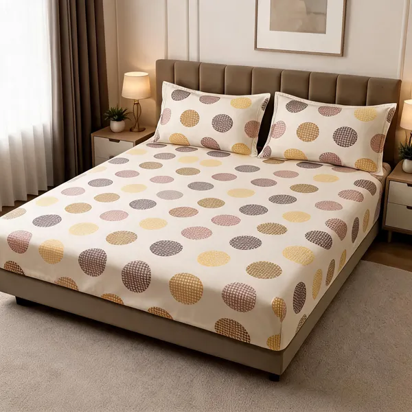 Beige_Cotton_Polka_Dot_Double_Size_Bedsheet_With_Pillow_Covers
