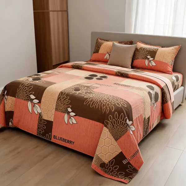 Peach_Cotton_Floral_Patchwork_Double_Size_Bedsheet_With_Pillow_Covers