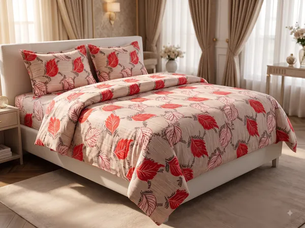 Beige_&_Red_Cotton_Leaf_Print_Double_Size_Bedsheet_With_Pillow_Covers