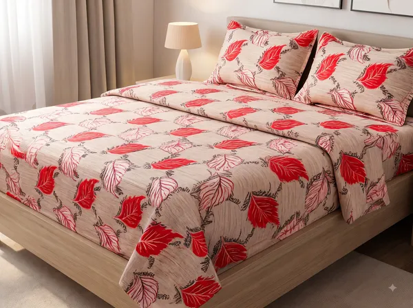 Beige_&_Red_Cotton_Leaf_Print_Double_Size_Bedsheet_With_Pillow_Covers