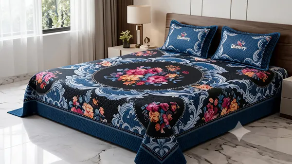 Blue_Cotton_Floral_Double_Size_Bedsheet_With_Pillow_Covers