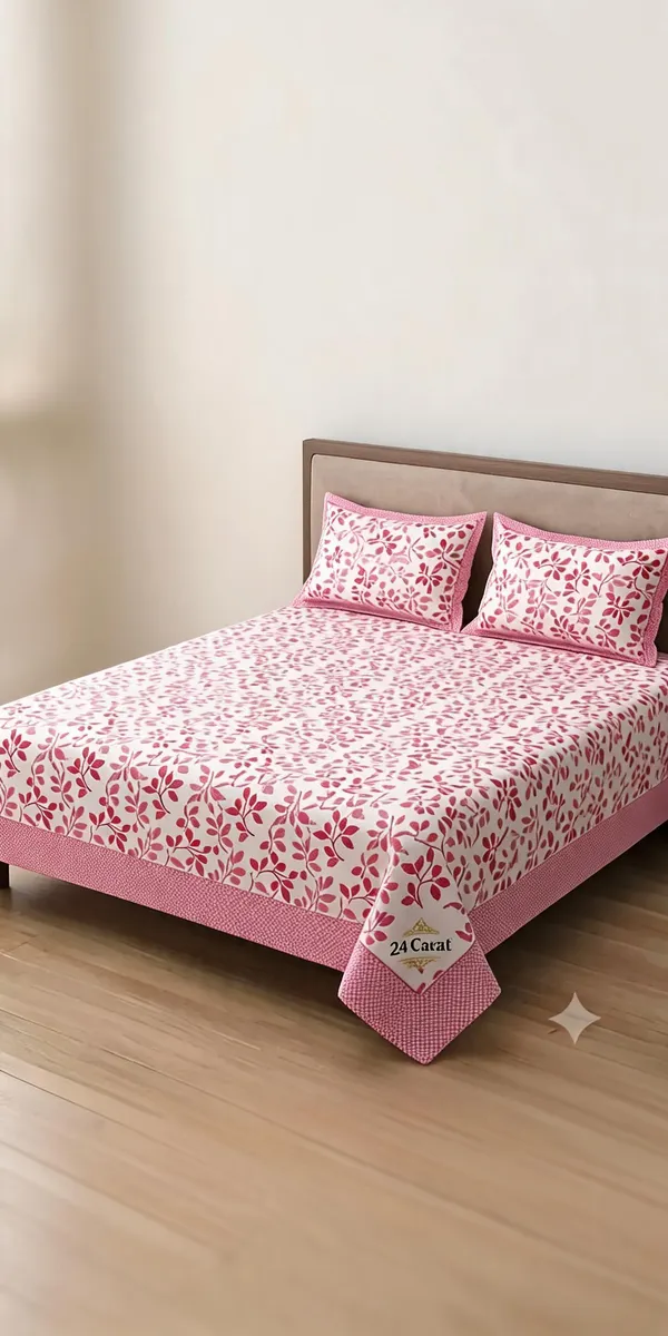 Pink_Cotton_Floral_Print_Double_Size_Bedsheet_With_Pillow_Covers