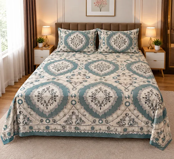 Multicolour_Cotton_Paisley_Floral_Print_Double_Size_Bedsheet_With_Pillow_Covers