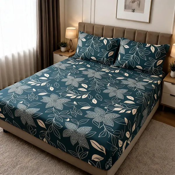 Multicolour_Cotton_Botanical_Leaf_Print_Double_Size_Bedsheet_With_Pillow_Covers