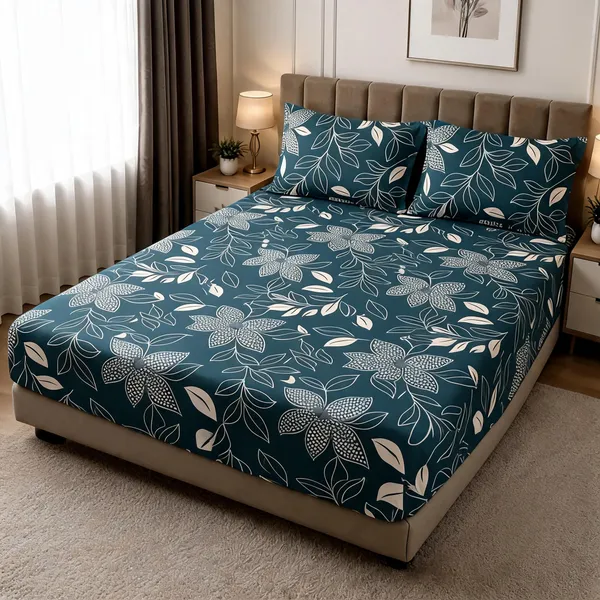 Multicolour_Cotton_Botanical_Leaf_Print_Double_Size_Bedsheet_With_Pillow_Covers