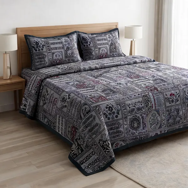 Grey_Cotton_Floral_Patchwork_Double_Size_Bedsheet_With_Pillow_Covers