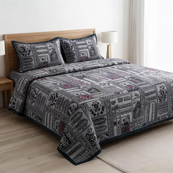 Grey_Cotton_Floral_Patchwork_Double_Size_Bedsheet_With_Pillow_Covers