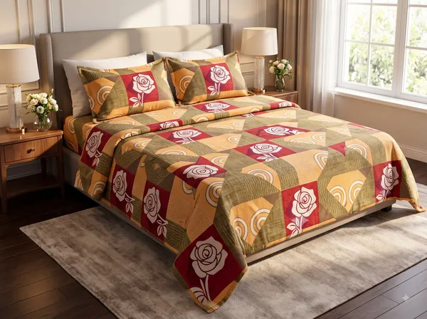 Multicolour_Cotton_Geometric_Floral_Print_Double_Size_Bedsheet_With_Pillow_Covers