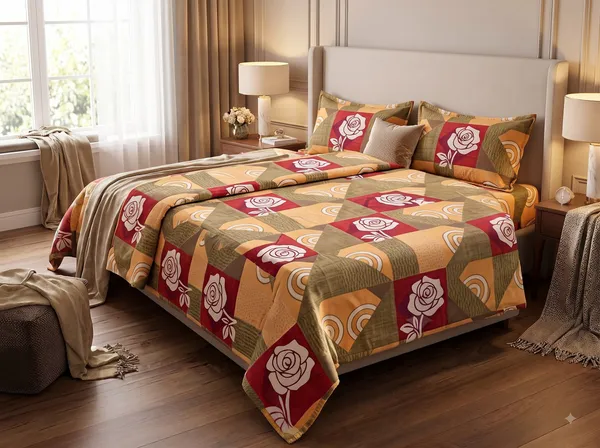 Multicolour_Cotton_Geometric_Floral_Print_Double_Size_Bedsheet_With_Pillow_Covers