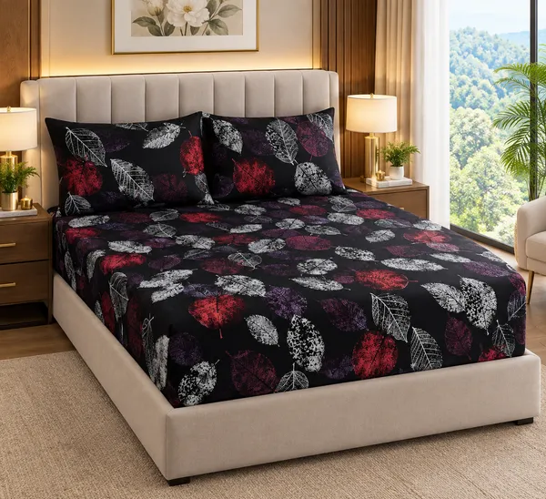 Premium_Black_Leaf_Printed_Bedsheet-(Fitted)