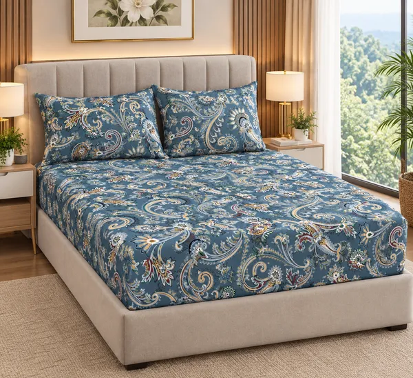 Premium_Blue_Paisley_Printed_Bedsheet_(Fitted)