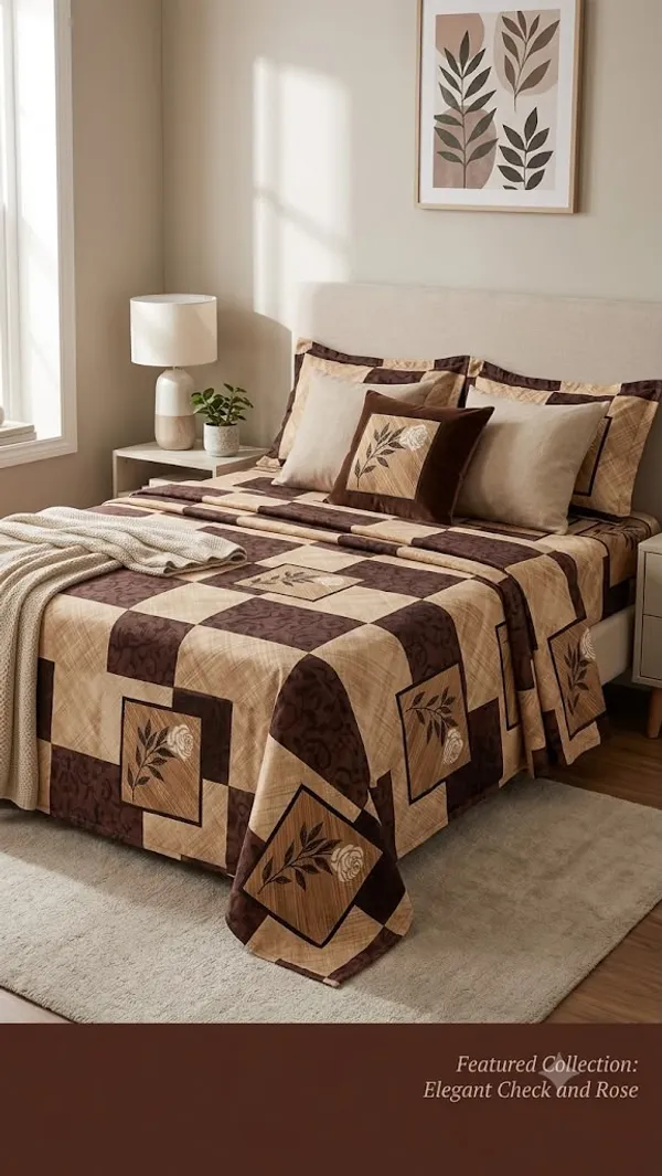 Premium_Brown_&_Beige_Printed_Fitted_Bedsheet_–_Elegant_Geometric_Floral_Design-_Fitted