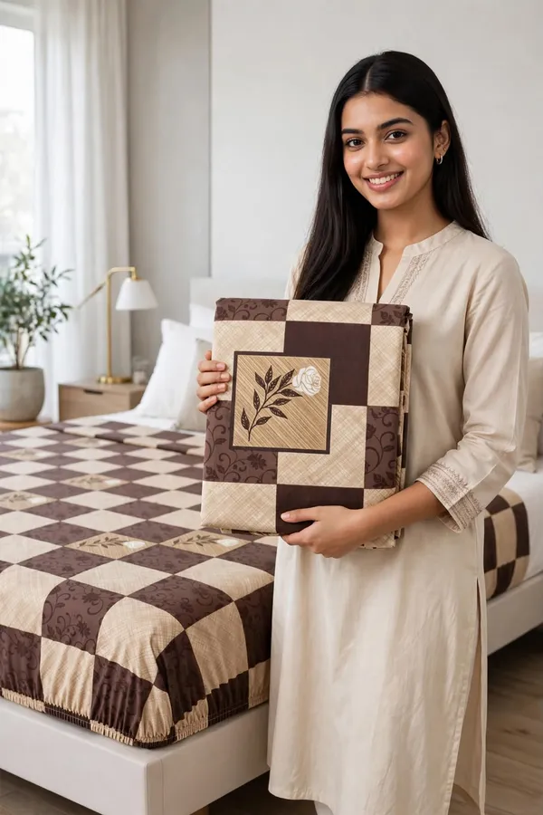 Premium_Brown_&_Beige_Printed_Fitted_Bedsheet_–_Elegant_Geometric_Floral_Design-_Fitted