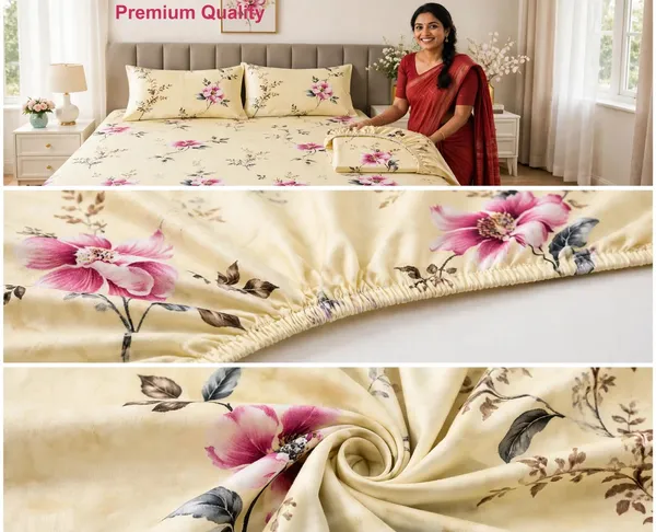 Premium_Cream_Floral_Printed_Fitted_Bedsheet_with_Elastic