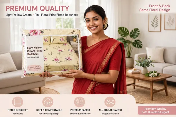 Premium_Cream_Floral_Printed_Fitted_Bedsheet_with_Elastic