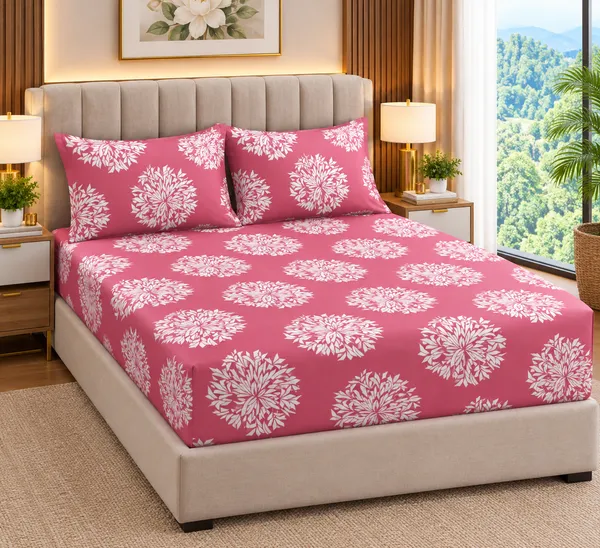 Premium_Rose_Pink_Floral_Printed_Bedsheet-(Fitted)
